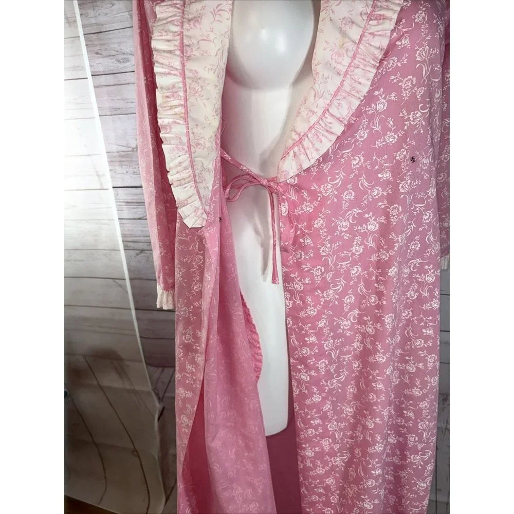 Vintage Leisure Life Long Pink white floral Robe Slash Pockets Dressing Gown USA - Picture 7 of 11